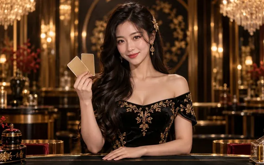 카드를 들고 미소 짓는 쇼부카지노 라이브 카지노 딜러